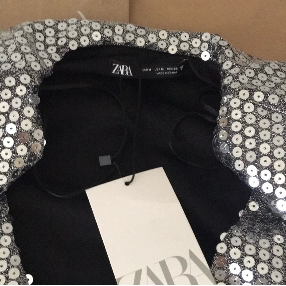 ZARA Drapped Wrap Silver a neck Sequin Shoulder Padded Deess - Picture 9 of 9